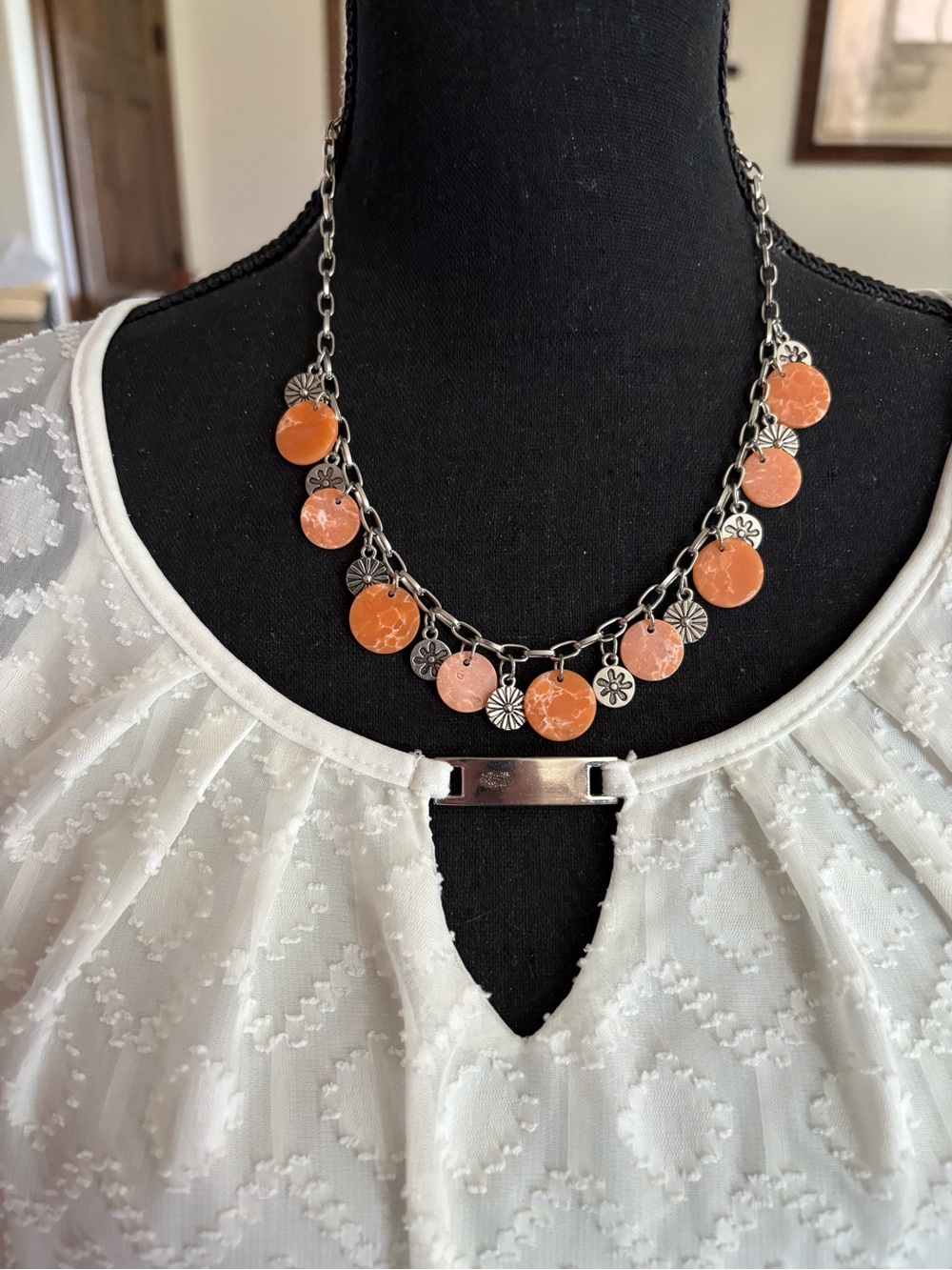Orange Disc and Silver Charm Necklace - Women's Jewelry 10 1/4 inches